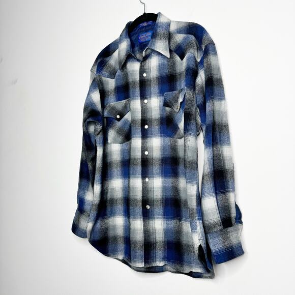 Pendleton Western Pearl Snap Wool Shirt Blue Plaid Men’s Large Vintage USA - Picture 4 of 9